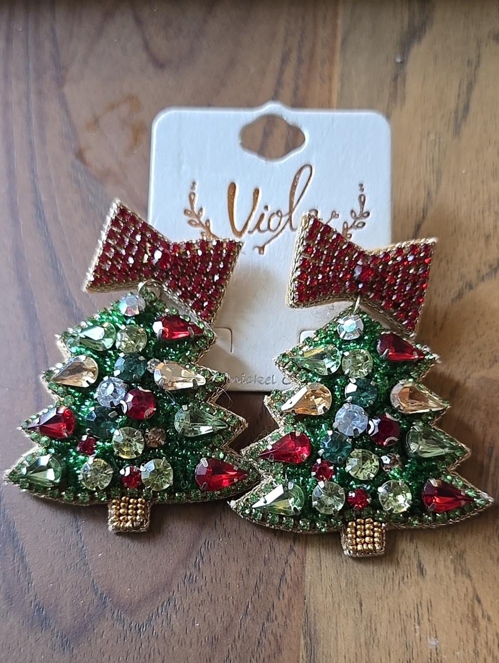Green & Red Christmas Tree Earrings with Red Bow